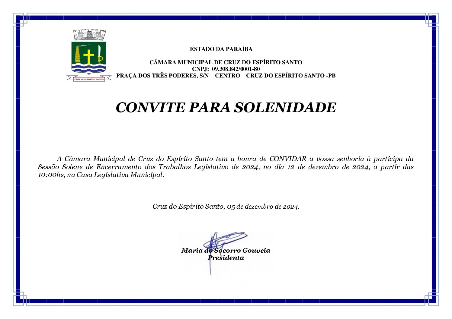 CONVITE SESSÃO SOLENE ENCERRAMENTO 2024