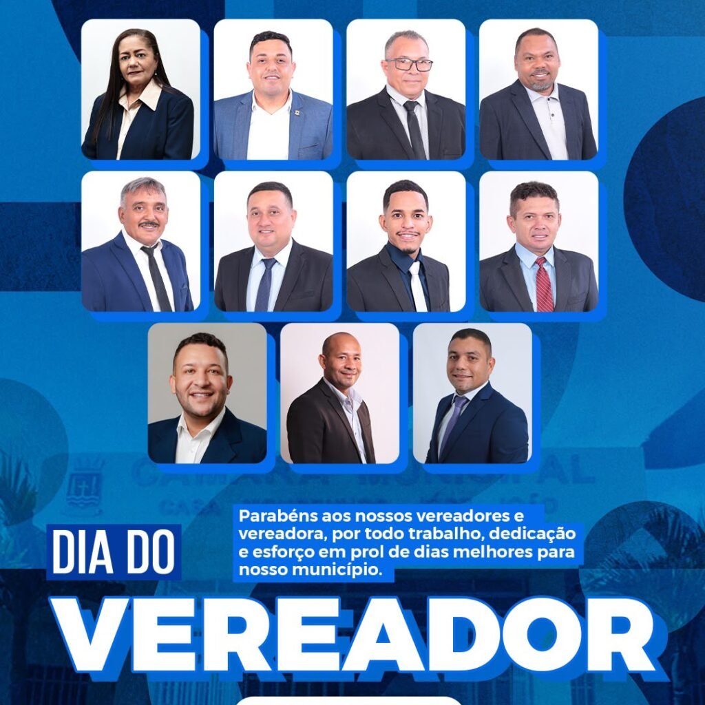 Arte do Dia do Vereador, 1º de outubro, com as fotos dos vereadores e da vereadora da Câmara Municipal de Cruz do Espírito Santo e a mensagem: Parabéns aos nossos vereadores e vereadora, por todo trabalho, dedicação e esforço em prol de dias melhores para nosso município.